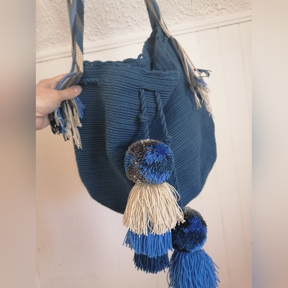 Blue Woven Bucket Fringe Shoulder Bag